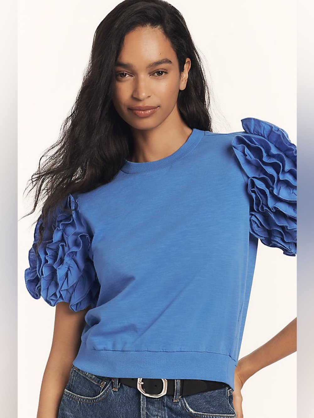 Maeve Ruffle Puff-Sleeve Tee | XSmall | Blue